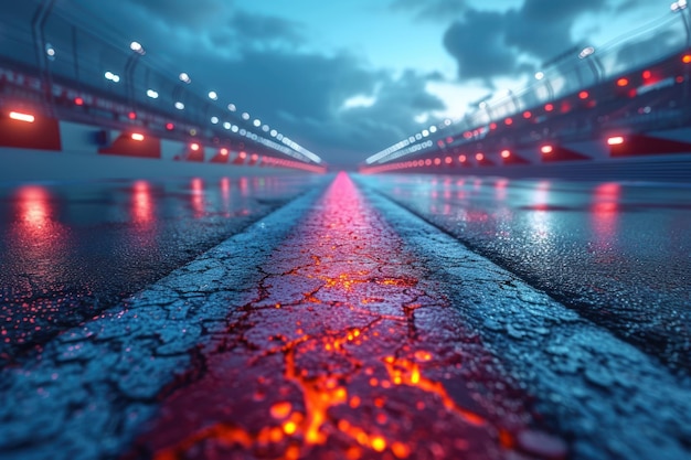 Linea di arrivo della pista da corsa in asfalto e stadio sportivo illuminato di notte