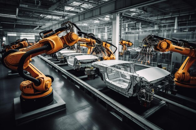 Linea di assemblaggio automatizzata del braccio robotico che produce veicoli elettrici ad alta tecnologia creati con l'IA generativa