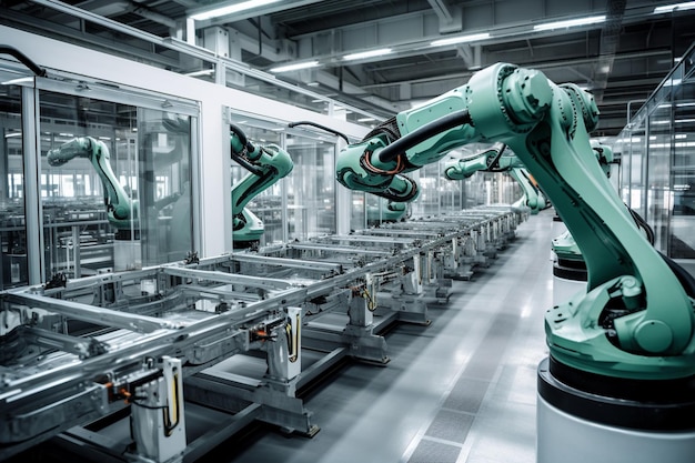 Linea di assemblaggio automatizzata del braccio robotico che produce veicoli elettrici ad alta tecnologia creati con l'IA generativa