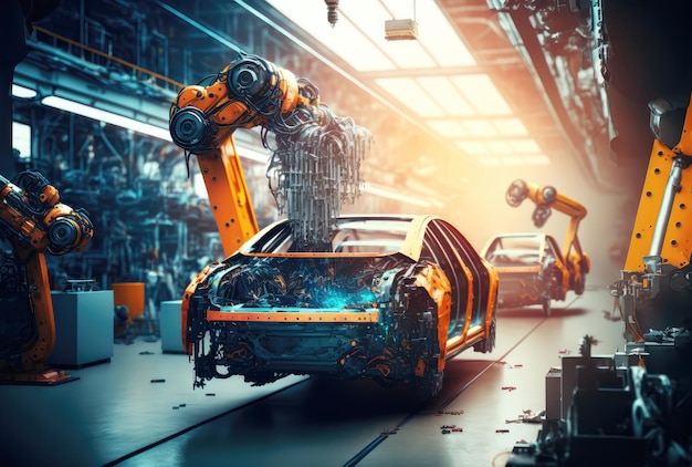 Linea di assemblaggio della fabbrica di automobili con bracci robotici automatici funzionanti IA generativa