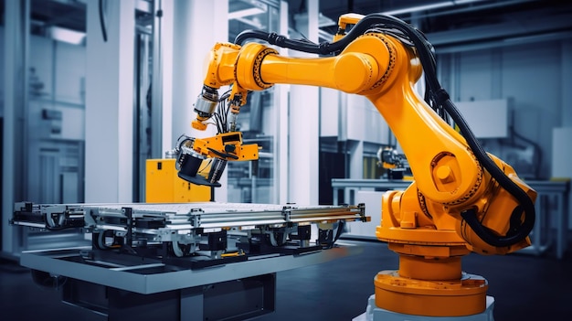 Linea di assemblaggio di bracci robotici industria manifatturiera in una fabbrica di automobili IA generativa