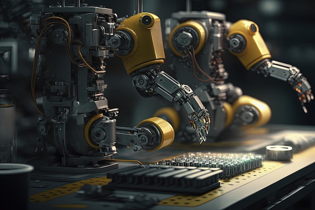 Linea di assemblaggio di fabbricazione con robot Produzione automatica di parti IA generativa