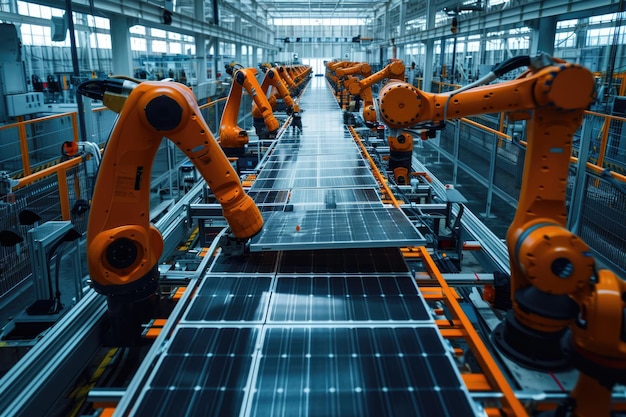 Linea di assemblaggio di pannelli solari con bracci robot in una fabbrica automatizzata