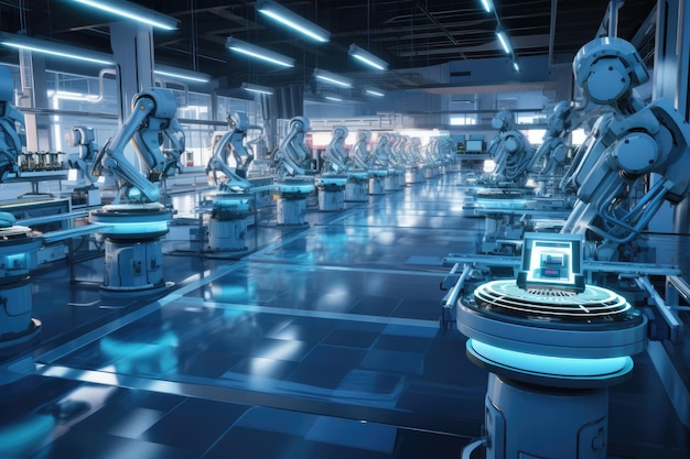 Linea di assemblaggio di robot in una fabbrica futuristica Futuristica efficiente intelligente Automazione rivoluzione della produzione robot sostituire l'uomo AIpower Ai generato