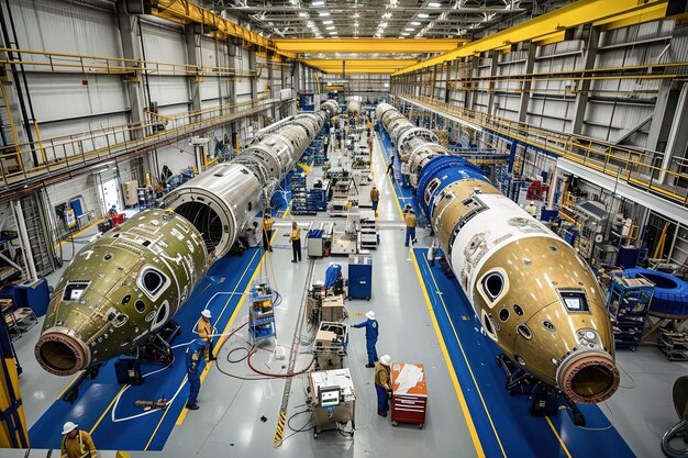 Linea di assemblaggio di veicoli spaziali Lavoratori che assemblano veicoli spaziali in un impianto all'avanguardia