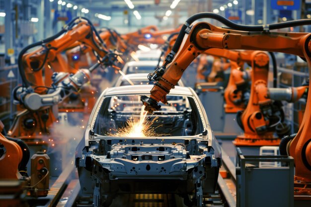 Linea di assemblaggio robotica che costruisce un'auto