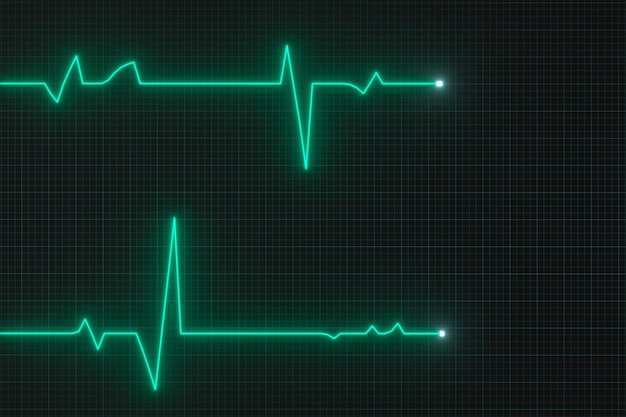 Linea di battito cardiaco digitale incandescente che si riflette sul rendering 3d del monitor