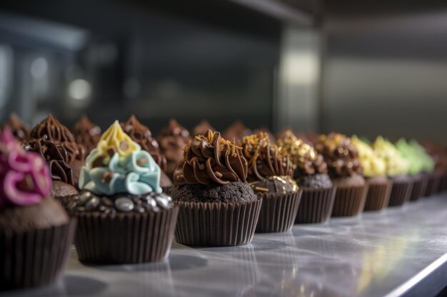 Linea di cupcakes al cioccolato splendidamente decorati in esposizione creati con l'IA generativa