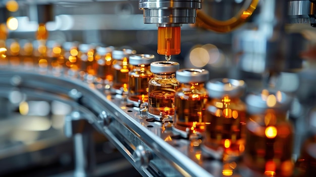 Linea di imbottigliamento di oli essenziali in bottiglie Industria farmaceutica background industriale