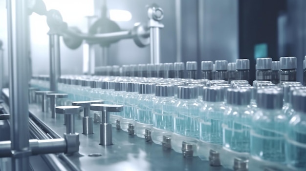 Linea di produzione di ampolle mediche in un'AI generativa farmaceutica contemporanea