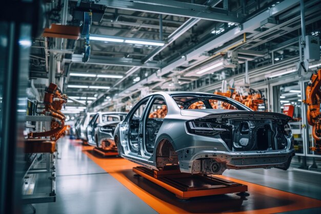 Linea di produzione di automobili Assemblaggio di un'auto su un nastro trasportatore Close-up di una carrozzeria dell'industria automobilistica Interno di una fabbrica ad alta tecnologia produzione moderna