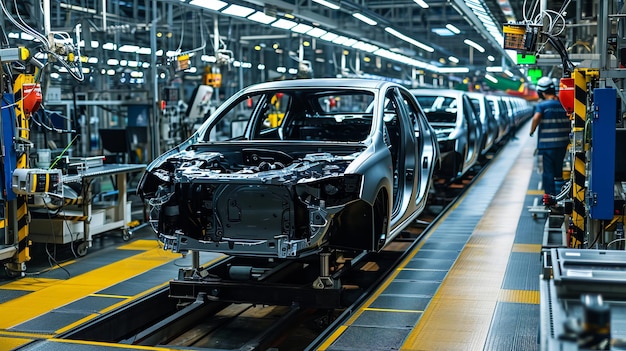 Linea di produzione di automobili con veicoli in varie fasi di assemblaggio