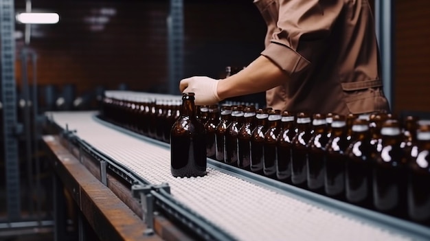 Linea di produzione di bevande con Generative AI un nastro trasportatore per birreria una sofisticata linea di produzione e bottiglie di birra in vetro marrone