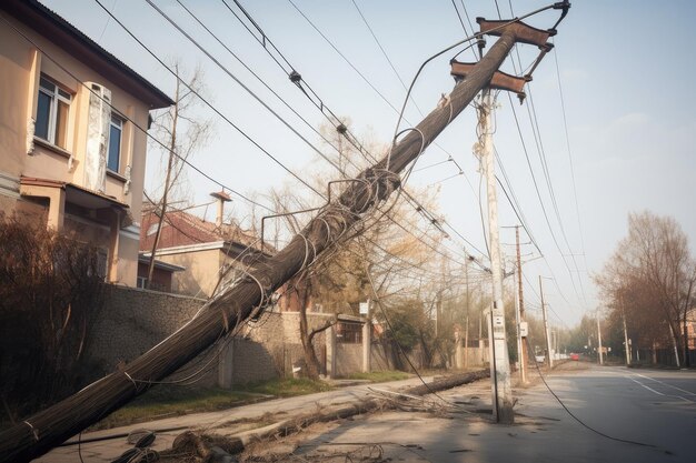 Linea elettrica che pende pericolosamente bassa dopo la rottura del palo con i fili sotto tensione esposti