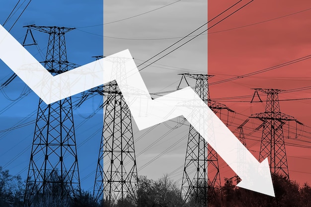 Linea elettrica e bandiera della Francia Crisi energetica Concetto di crisi energetica globale