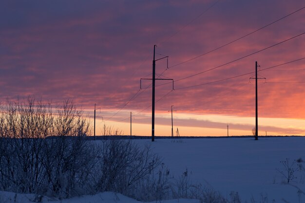 Linea elettrica nel gelido tramonto invernale