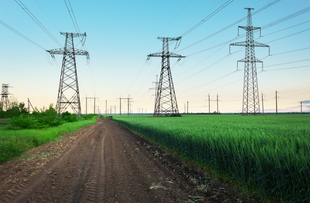 Linee ad alta tensione e tralicci di potenza in un paesaggio agricolo piatto e verde in una giornata di sole con nuvole nel cielo blu. Nuvoloso e piovoso. Il grano sta crescendo