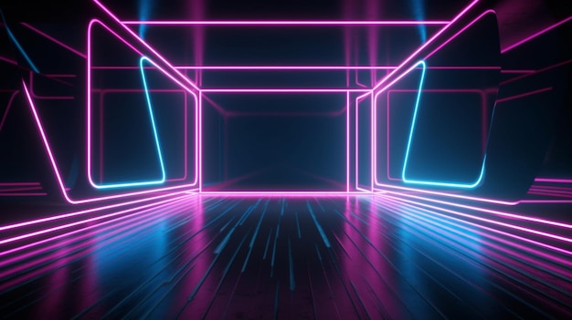 linee al neon blu rosa stanza vuota spazio virtuale sfilata di moda palcoscenico sfondo astratto