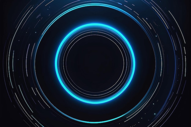Linee circolari luminose astratte su sfondo blu scuro Disegno artistico a strisce geometriche Linee blu brillanti moderne Concetto tecnologico futuristico Abito per copertina poster banner brochure sito web