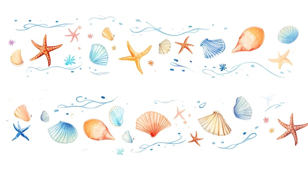 Linee di conchiglie e stelle marine Concept di colore costiero Shell Acquerel Art 2D Flat Header Footer