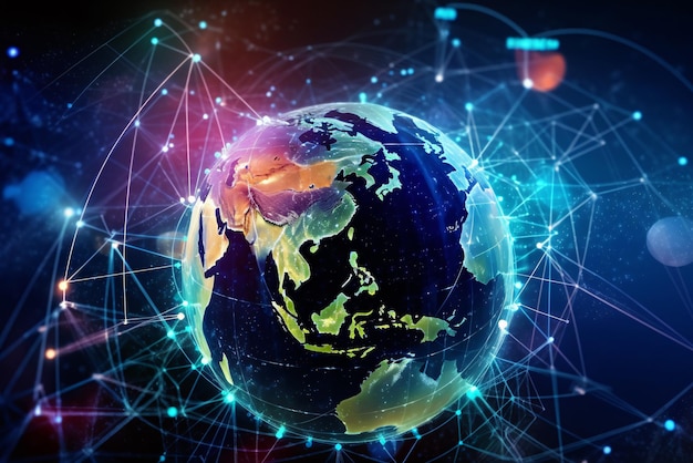 Linee di connessione attorno allo sfondo dei social media della superficie terrestre con cerchi e tecnologia futura Internet concetti logistici o di viaggio