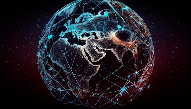 Linee di connessione intorno alla superficie terrestre sfondo tecnologico futuro con cerchi e linee Internet viaggi sui social media o concetti logistici IA generativa