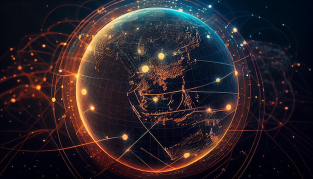 Linee di connessione intorno alla superficie terrestre sfondo tecnologico futuro con cerchi e linee Internet viaggi sui social media o concetti logistici IA generativa