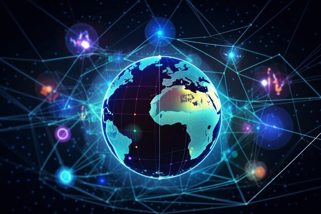 Linee di connessione intorno alla superficie terrestre Sfondo tecnologico futuro di Internet con cerchi e linee Concetti logistici social media o viaggi