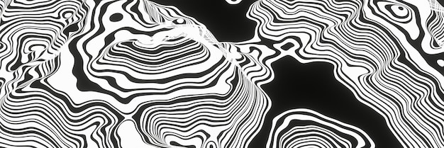 Linee di contorno 3D in bianco e nero Terreno topografico