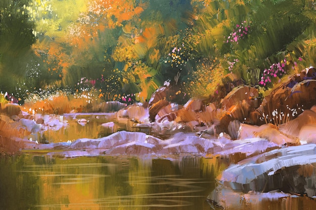 linee di fiume con pietre in una bellissima foresta, natura, pittura illustrativa