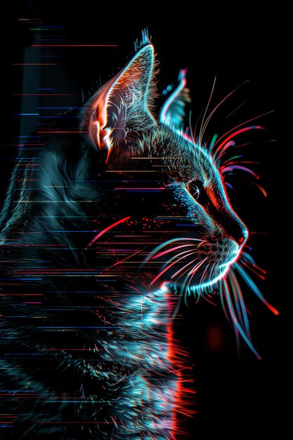 Linee di glitch luminose sul ritratto di un gatto