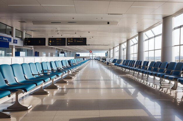 Linee di posti vuoti nella sala d'attesa del terminal dell'aeroporto abbandonato