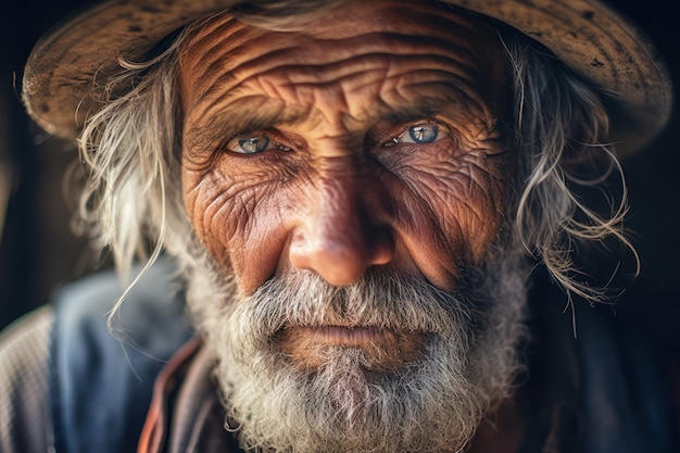Linee di saggezza Il volto di un contadino anziano racconta la storia di una vita di esperienza agricola