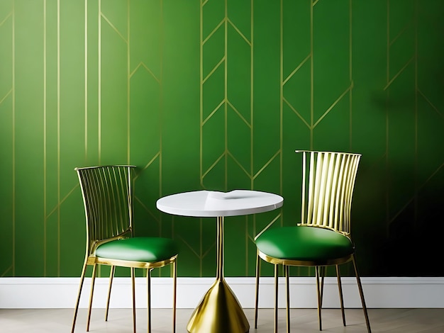 linee dorate su carta da parati verde un tavolo una sedia e un vaso dallo stile minimalista
