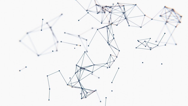 Linee e nodi delicati formano una rete fluttuante astratta su uno sfondo bianco che mescola illusioni e tecnologia in un design futuristico minimo