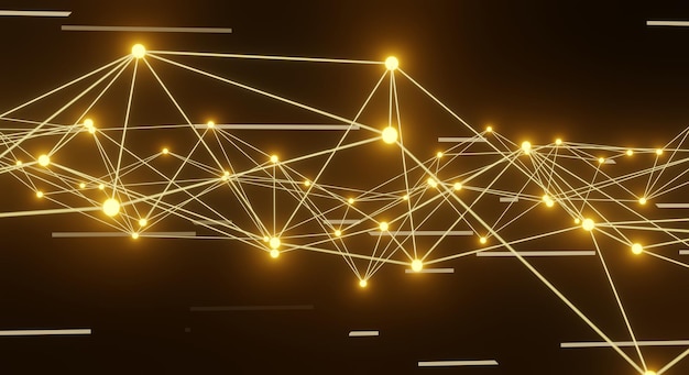 Linee e punti di connessione di sfondo astratto del plesso giallo per la tecnologia Sfondo della scienza Complesso di grandi dati con composti Plesso di linee Visualizzazione di grandi dati Rendering di rete o connessione 3d