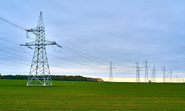 Linee elettriche di campo rurale con orizzonte al tramonto