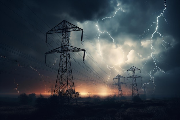 Linee elettriche in un cielo scuro con un temporale sullo sfondo