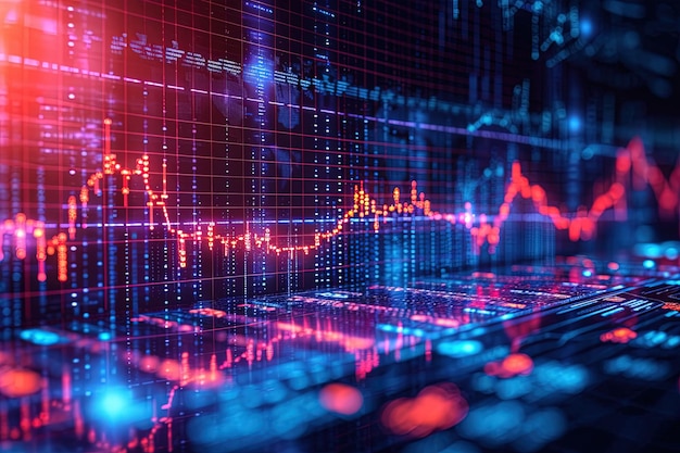 Linee grafiche del mercato azionario e grafici finanziari su sfondo astratto tecnologico generato dall'intelligenza artificiale