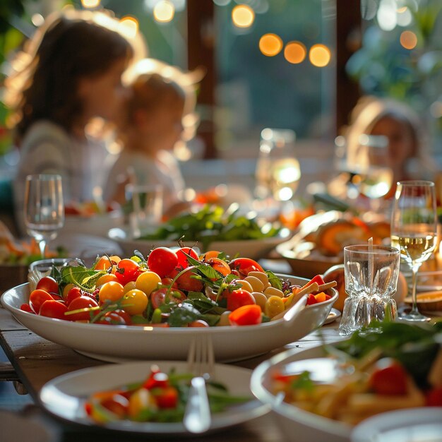 Linee guida alimentari salutari per i pasti in famiglia che mostrano l'influenza sul benessere Immagine fotografica Illuminazione di retroilluminazione Effetto bokeh di profondità di campo