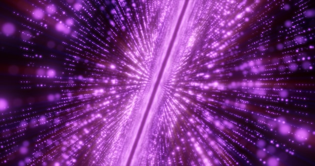 Linee hitech astratte di energia viola e particelle digitali volano in un tunnel con effetto bokeh