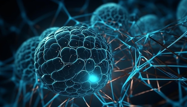 Linee interconnesse cellulari biotecnologiche illustrazione 3D biotecnologia o biotecnologia Generativa ai