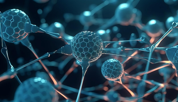 Linee interconnesse cellulari biotecnologiche illustrazione 3D biotecnologia o biotecnologia Generativa ai