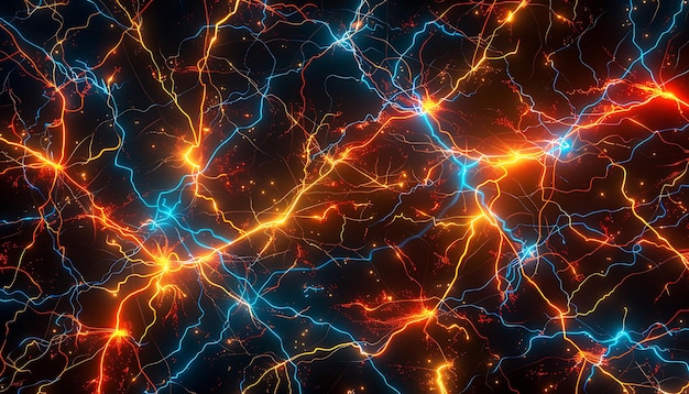 Linee luminose di elettricità che formano modelli astratti che si intersecano su uno sfondo buio pieno di energia dinamica