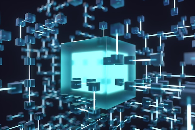 Linee luminose e cubi sfondo tecnico e scientifico rendering 3d