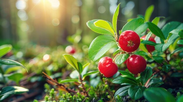 Lingonberry rosso maturo sullo sfondo della foresta naturale spazio di copia