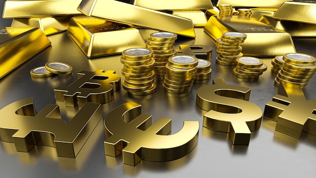 Lingotti d'oro e simboli di valuta d'oro. Sfondo di borsa valori, bancario o finanziario.