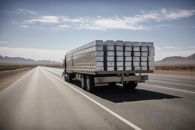 Lingotto di alluminio trasportato su camion con vista sulla strada aperta creata con l'IA generativa