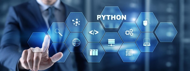 Linguaggio di programmazione Python Concetto di algoritmo astratto del flusso di lavoro di programmazione sullo schermo virtuale