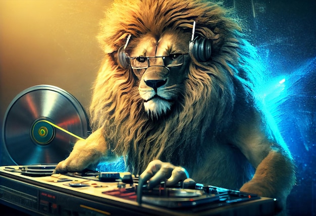 Lion DJ in azione Animale antropomorfo che si diverte alla festa notturna del club alla moda Generate Ai